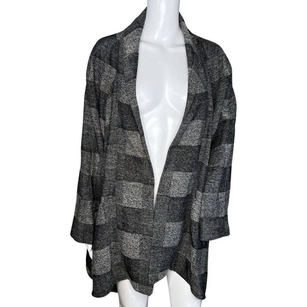 Chicos Sweater Womens Large Gray Check Plaid Open Cardigan Neutral Office Casual